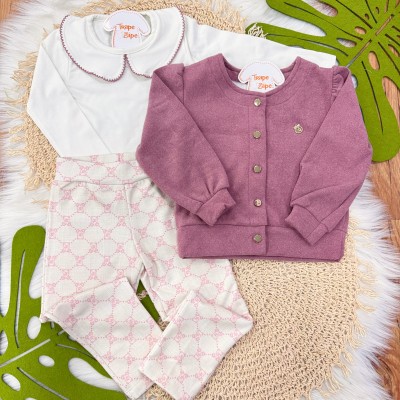 Conj. Casaco Soft, Blusa com Gola Bordada e Calça Legging Ursinhos - Uva e Areia